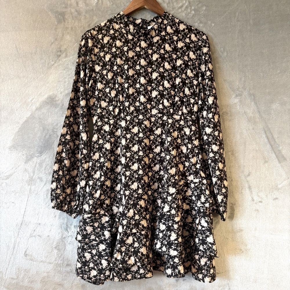 Long Sleeve Black Floral Mini Dress w Ruffles Tier at Bottom Sz M Boho Romantic